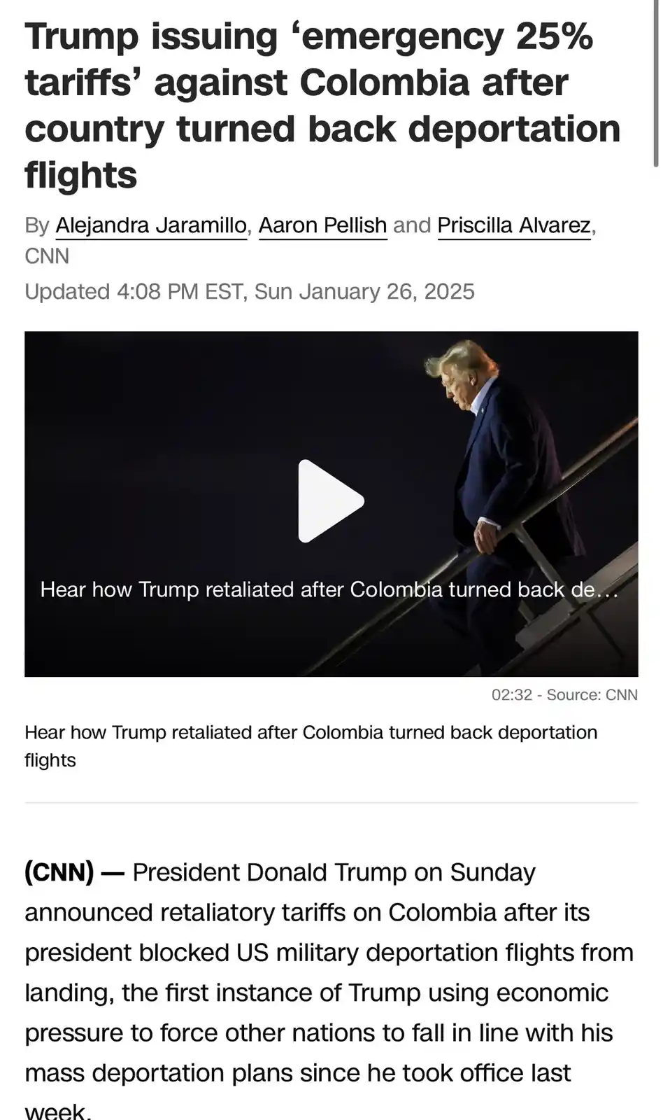 A screenshot of a CNN news article from January 26, 2025, featuring a headline about Trump imposing tariffs on Colombia. The…