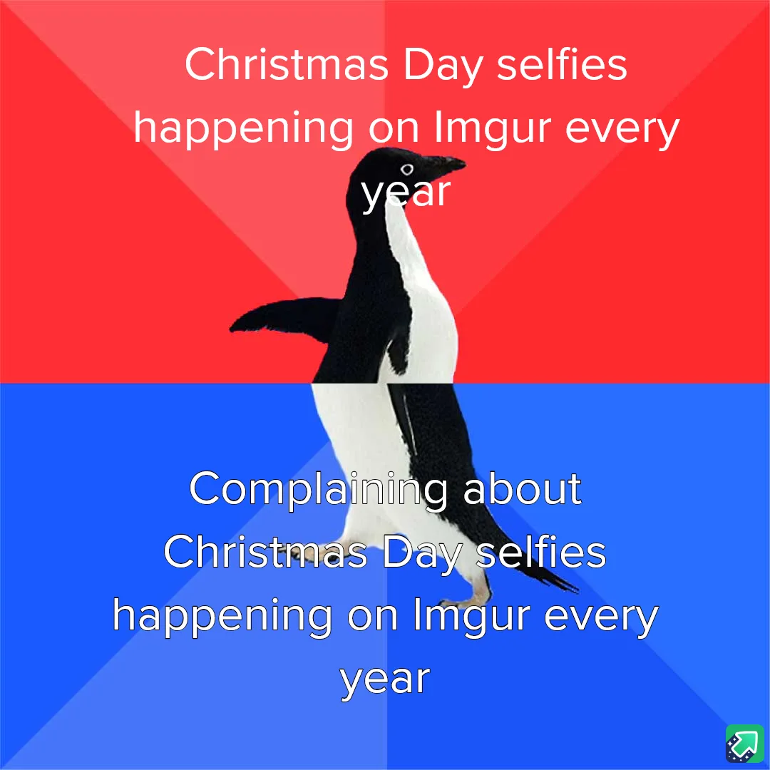 A penguin stands centered against a red and blue background, split horizontally. White text in the red top half reads…
