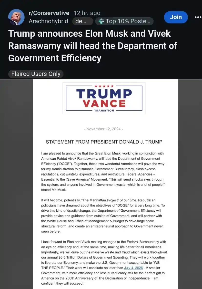 A screenshot of a fake 'Trump Vance Transition' statement dated November 12, 2024, announcing Elon Musk and Vivek Ramaswamy…