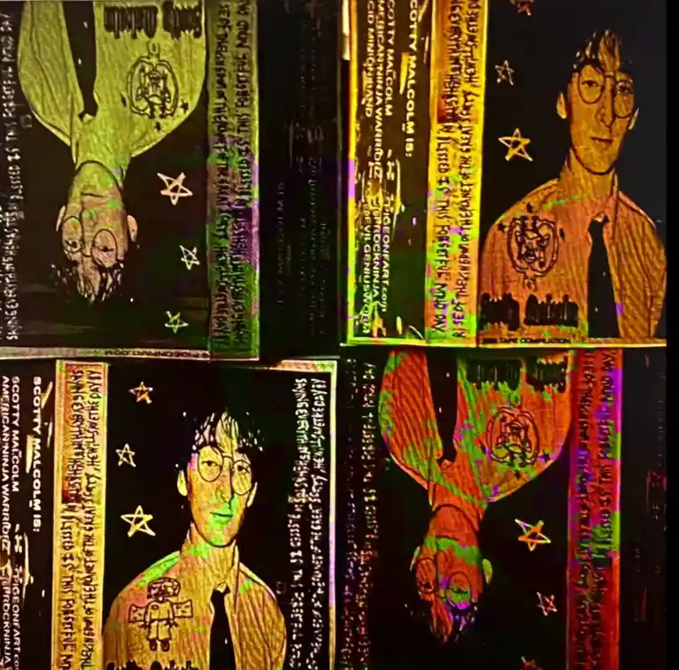 The image displays four cassette tapes with hand-drawn, psychedelic artwork featuring a man with glasses and a tie…