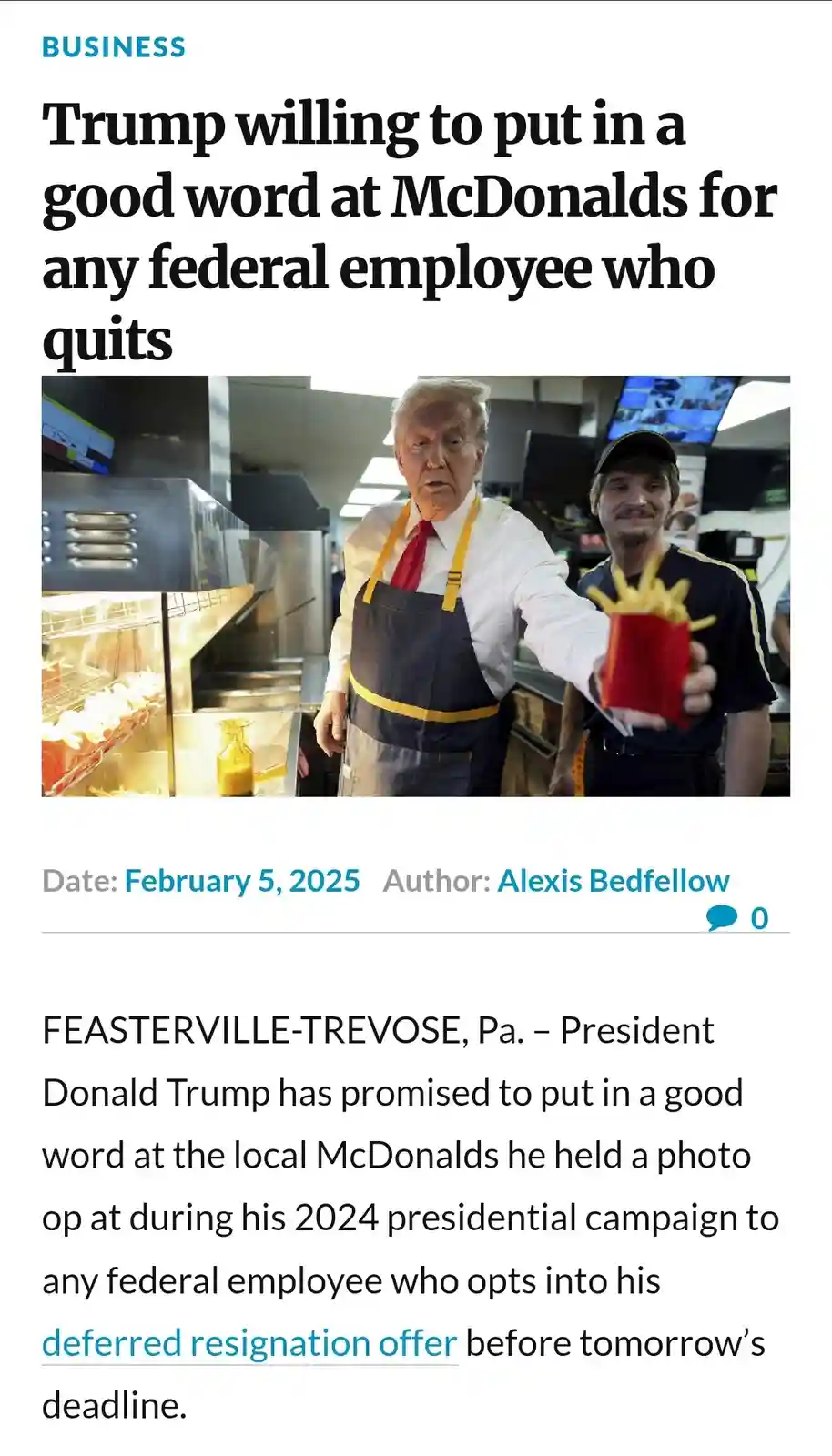 A fake news article screenshot shows Donald Trump in a McDonald's apron holding a fry container, with a smiling employee…