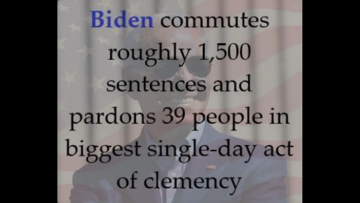 An image of Joe Biden smiling, wearing sunglasses and a suit, overlaid with text stating he commuted 1,500 sentences and…