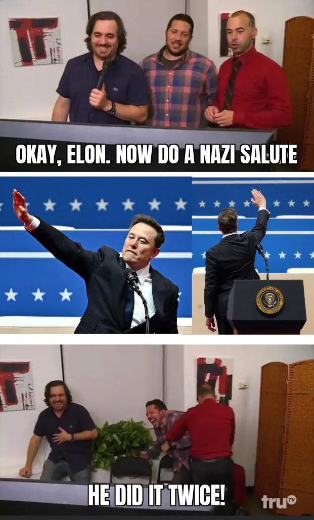 Three men stand behind a podium, one holding a microphone, with text overlaid reading 'okay, elon. now do a nazi salute'…