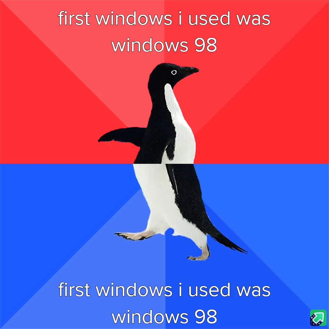 A penguin stands centered against a red and blue background, with identical white text overlaid on both halves reading…