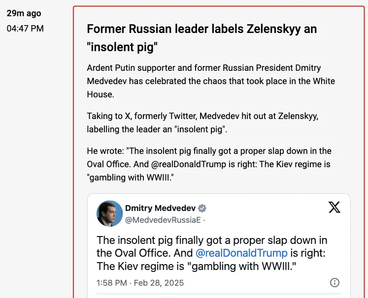 A screenshot of a social media post by Dmitry Medvedev, who is labeled as a former Russian leader, shows his tweet calling…
