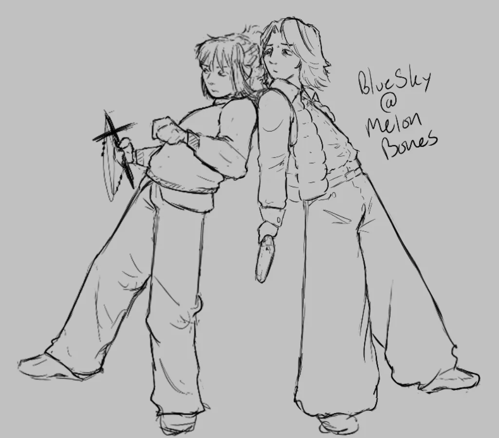 A black-and-white sketch shows two anime-style characters standing back-to-back, each holding a weapon—a dagger and a small…