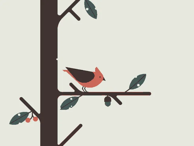 a two-panel cartoon depicts a red bird perched on tree branches with acorns, while a cartoon squirrel peeks out from behind…