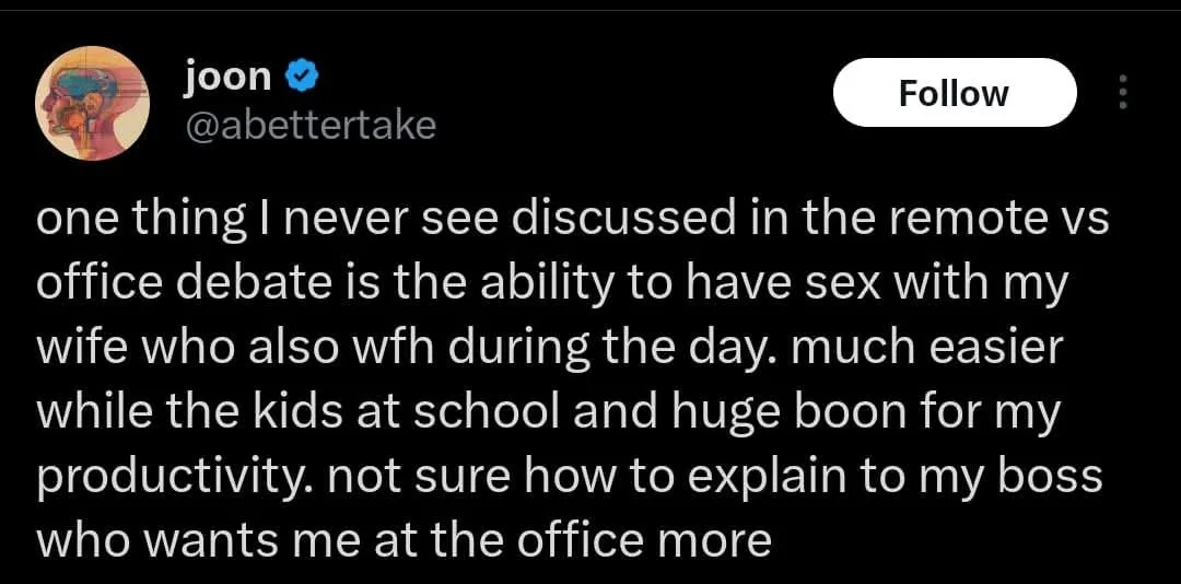 A screenshot of a tweet by user 'joon' (@abettertake) with a black background and white text. The tweet humorously points…