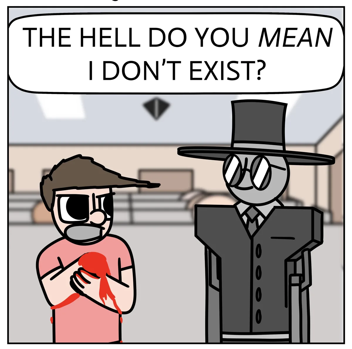 A cartoon depicts a man in a pink shirt, covered in blood and holding his chest, looking shocked as he speaks. Opposite him…