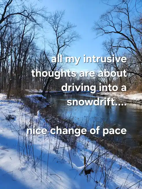 A serene winter scene shows a snow-covered riverbank with bare trees under a clear blue sky. White text overlaid on the…