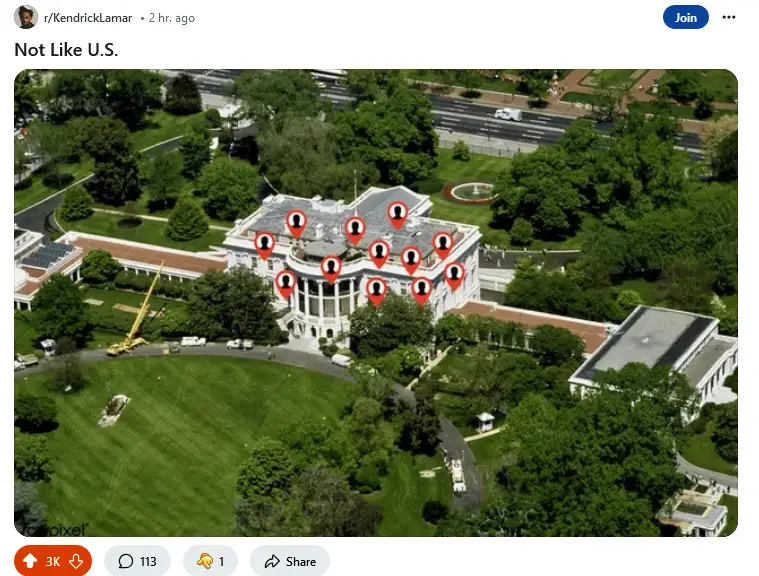 An aerial view of the White House with multiple red location pin icons overlaid on its roof and upper floors, each pin…