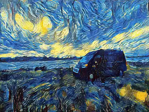 A modern black van is superimposed onto Vincent van Gogh's 'Starry Night' painting, replacing the original village and…