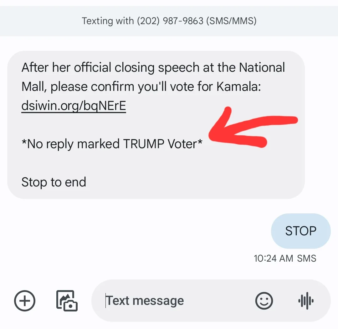 A screenshot of a text message interface showing a political text message asking the recipient to confirm they will vote for…