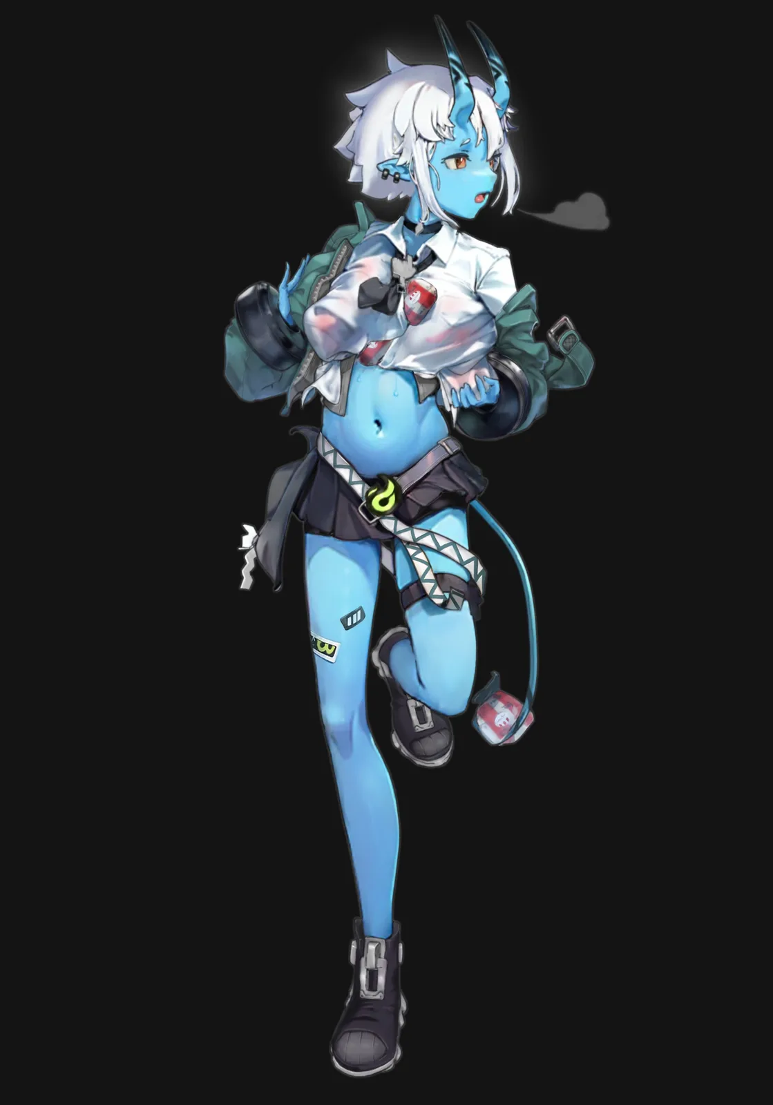 A blue-skinned anime-style female character with horns and white hair is shown mid-stride, her white shirt is stained with…
