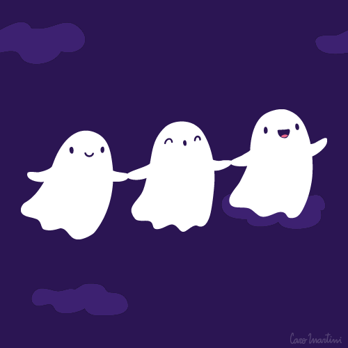 The image shows multiple groups of three cute, white cartoon ghosts holding hands and floating in a dark purple sky with…