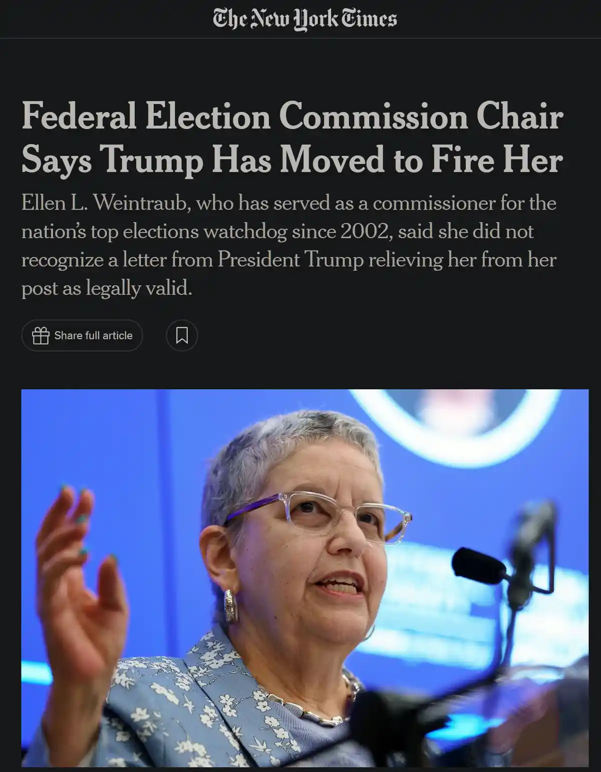 The image shows a screenshot of a New York Times article with a headline about Federal Election Commission Chair Ellen L…