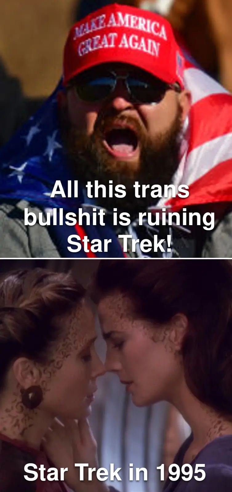 The top panel shows a man with a beard wearing a red 'Make America Great Again' cap and sunglasses, with an American flag…