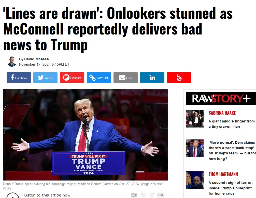 A screenshot of a news article with a headline reading 'Lines are drawn': Onlookers stunned as McConnell reportedly delivers…