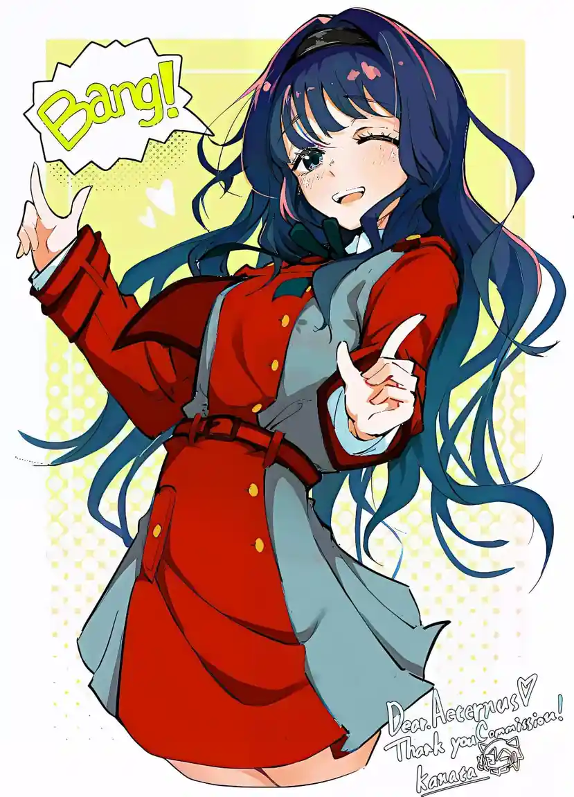 An anime-style illustration of a cheerful girl with long blue hair, wearing a red coat over a grey outfit, striking a…