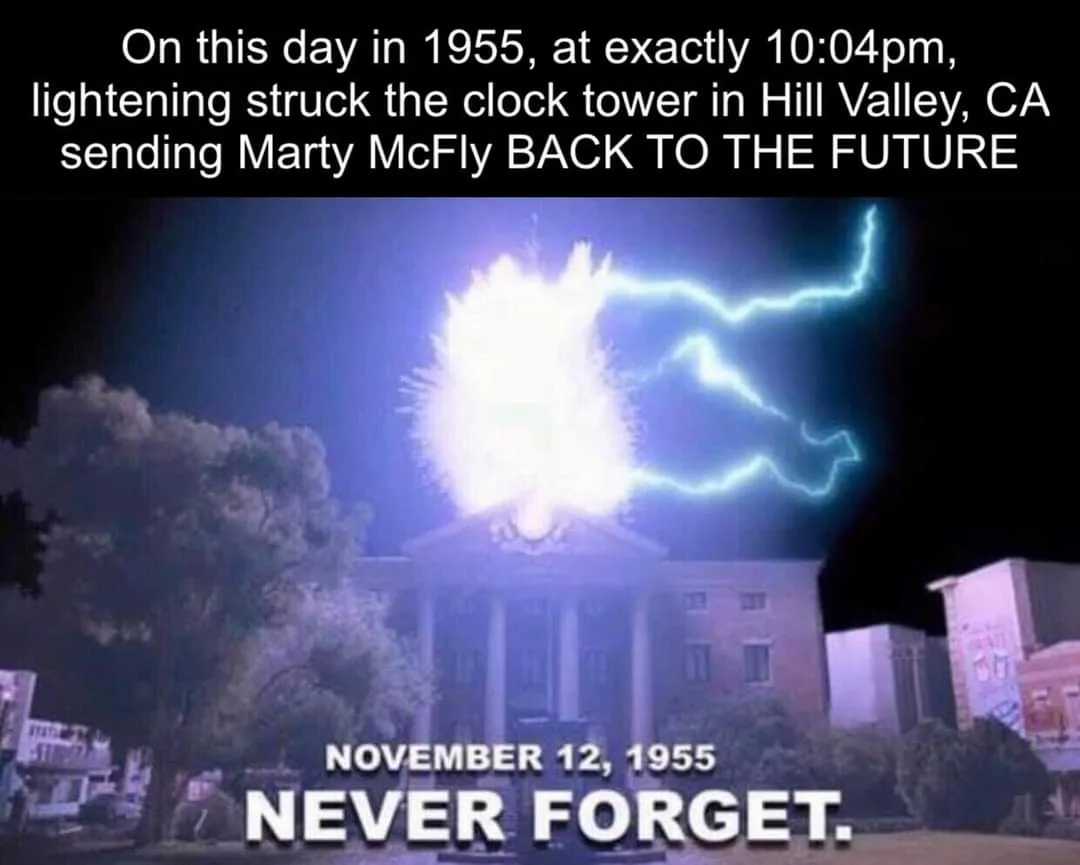 A nighttime scene of a clock tower exploding with bright blue lightning, with text at the top claiming lightning struck it…