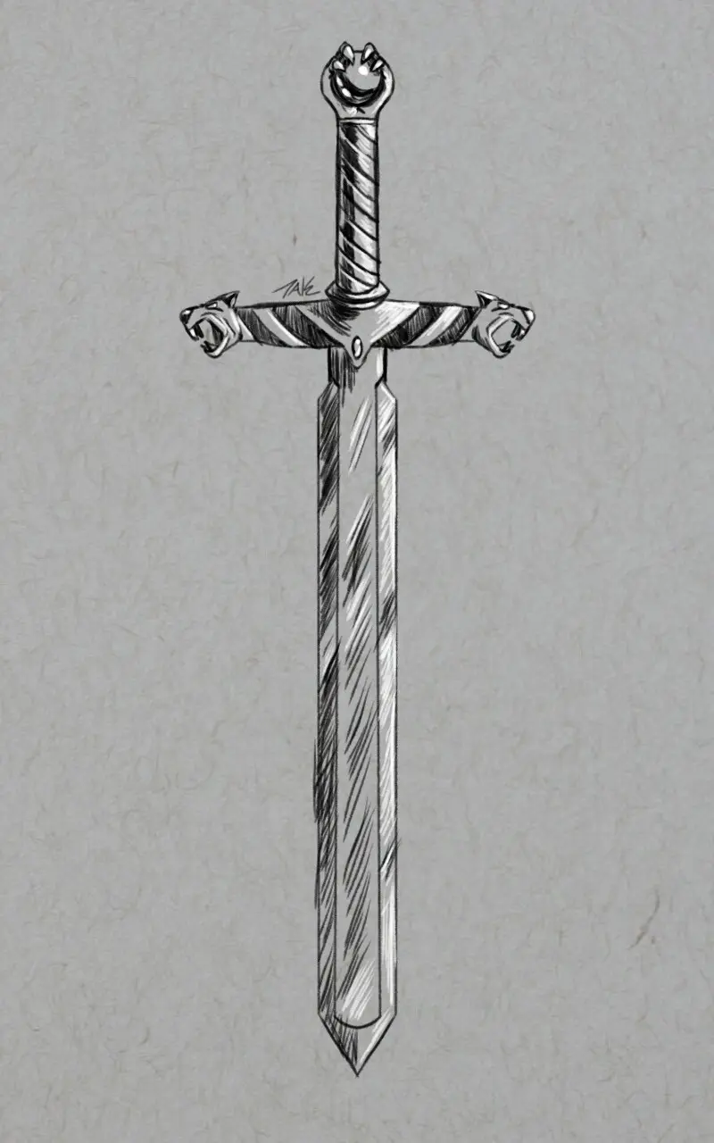 A black-and-white sketch of a sword with a twisted grip and a pommel shaped like a clenched fist. The crossguard features…
