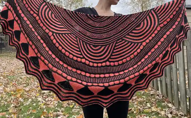 A person stands outdoors holding up a large, intricately patterned coral and black knitted shawl, displaying its detailed…