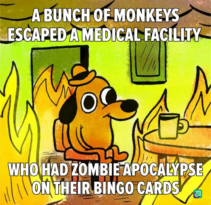 A cartoon dog wearing a hat sits calmly in a room engulfed in flames, with a mug on a table beside it. The overlaid text…