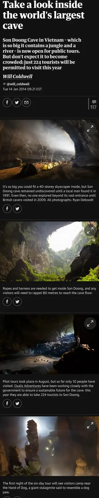 A news article screenshot about Son Doong Cave in Vietnam, showcasing its immense size with photos of tents inside, a…