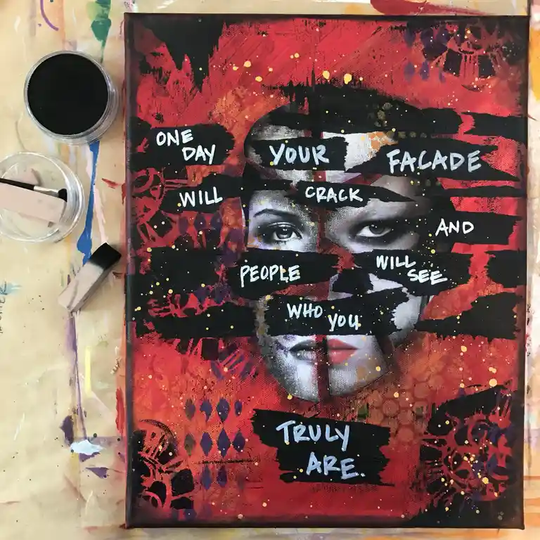 A painting of a woman's face partially obscured by black paint strokes, set against a red and black abstract background with…