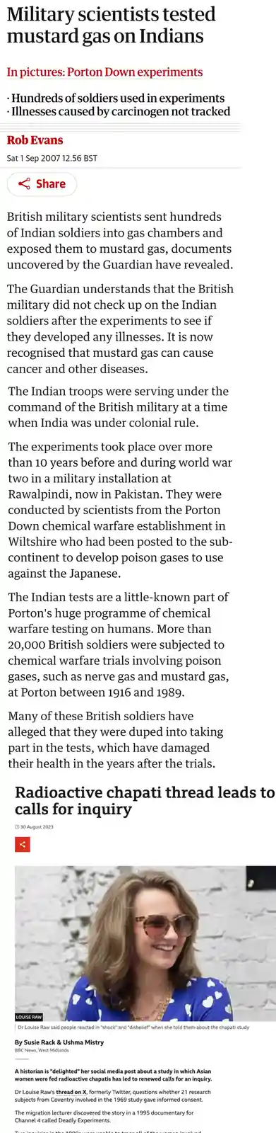 The image displays two news articles. The top one, dated 2007, reports on British military scientists testing mustard gas on…