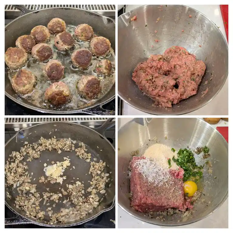 A four-panel collage shows the process of making meatballs: raw ground meat mixed with egg, cheese, and herbs in a metal…