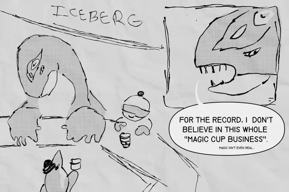 A black-and-white comic panel labeled 'ICEBERG' shows a large, monstrous ice creature and a small, blindfolded figure…