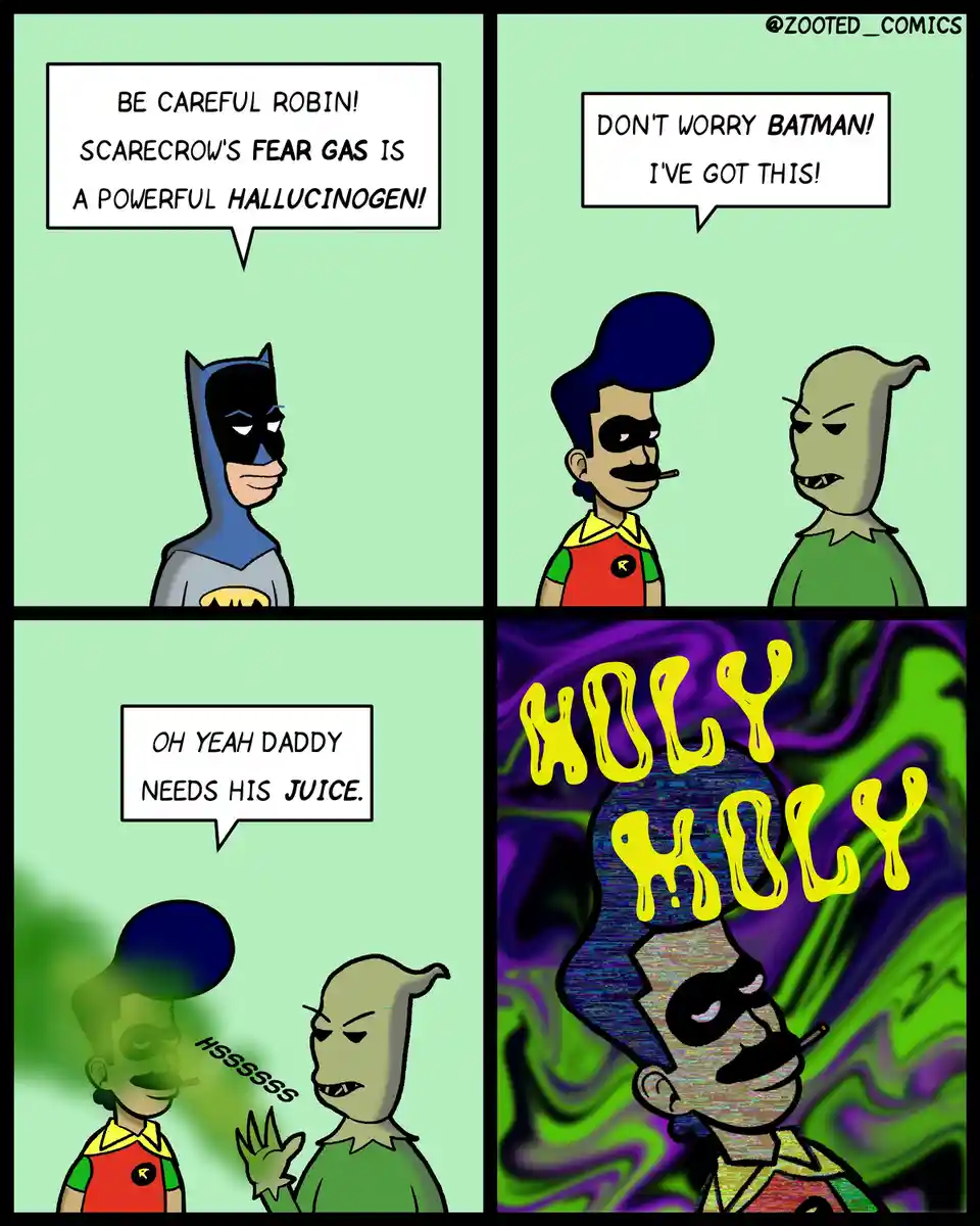 A four-panel comic strip shows Batman warning Robin about Scarecrow's fear gas being a hallucinogen. Robin confidently…