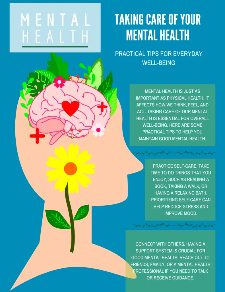 An infographic titled 'Taking Care of Your Mental Health' features a stylized human head in profile with a pink brain…