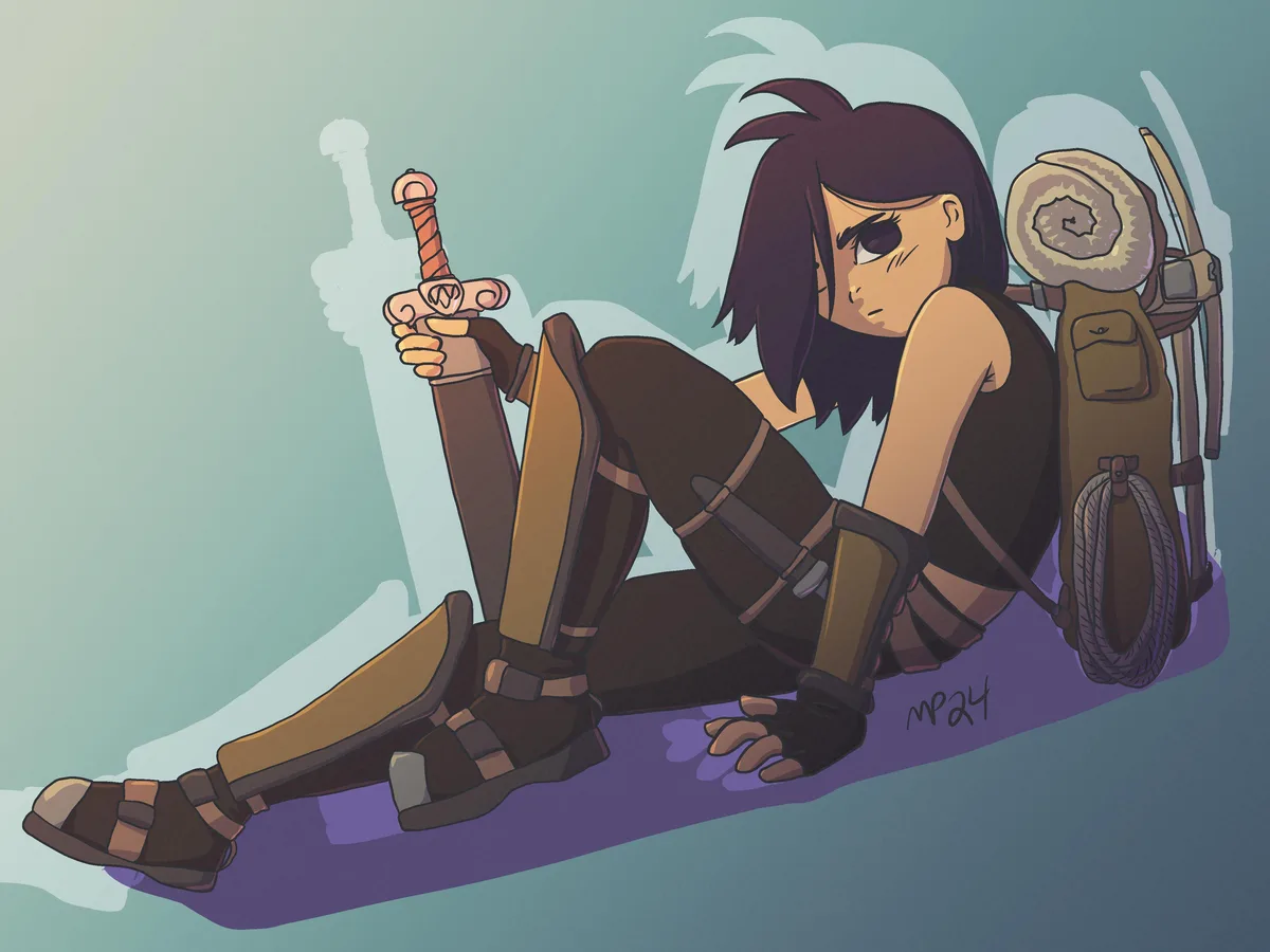 An anime-style illustration of a female adventurer with dark hair and an eyepatch, sitting on the ground with a weary…