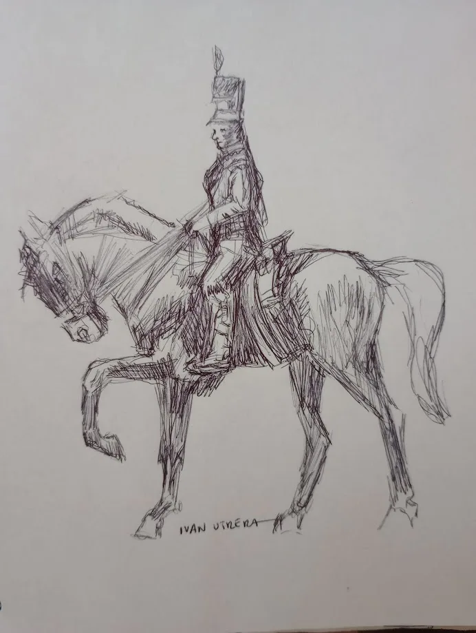 A rough pencil sketch depicts a soldier in a tall, ornate military hat riding a horse that is rearing up on its hind legs…