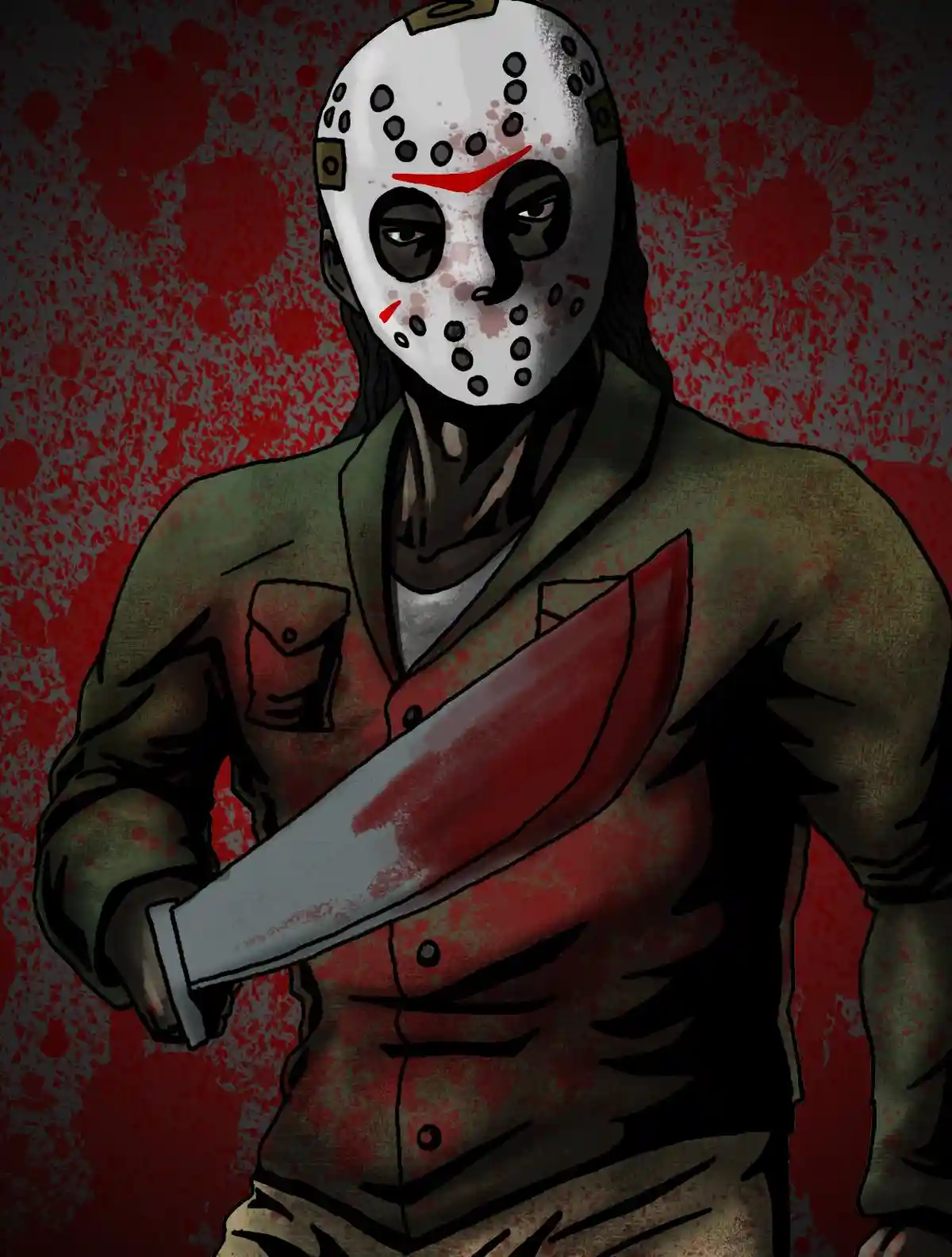 An illustration of Jason Voorhees from the Friday the 13th franchise, wearing his iconic white hockey mask with black eye…