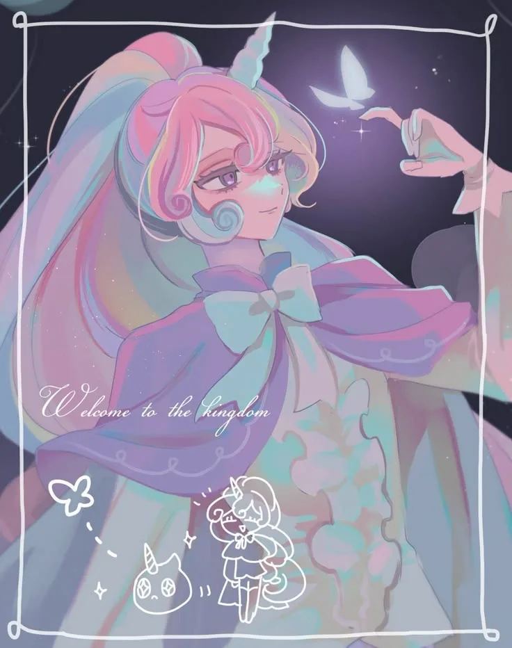 An anime-style illustration of a pink-haired girl with a unicorn horn and large headphones, gently touching a glowing…