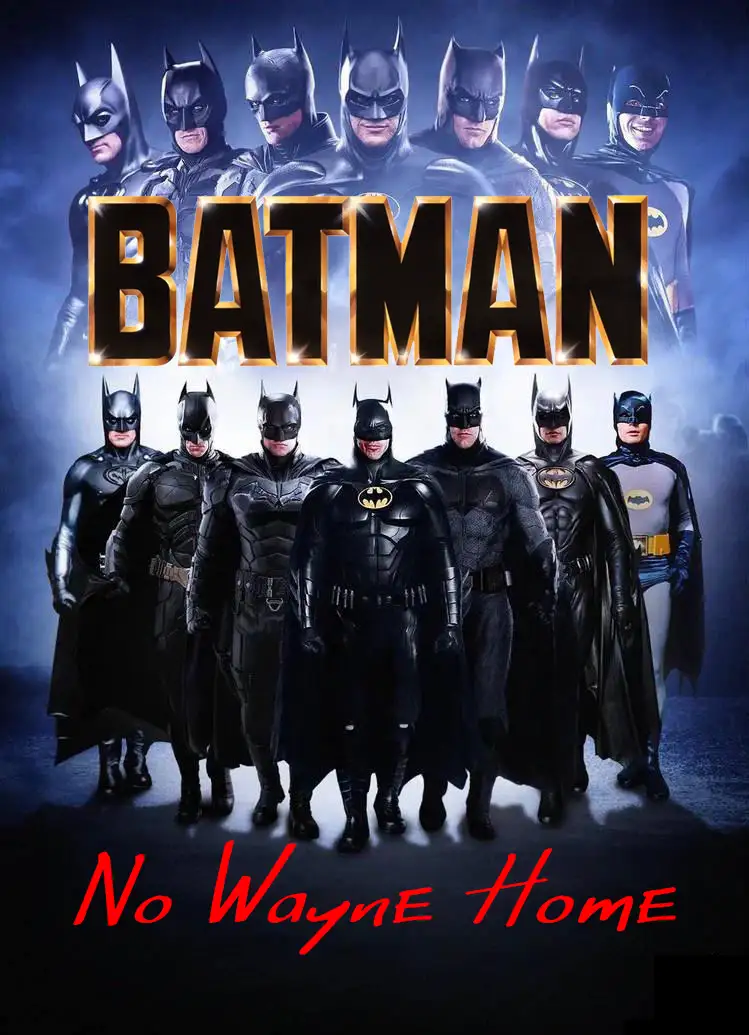 The image displays a composite poster featuring multiple actors portraying Batman in various costumes, arranged in two rows…