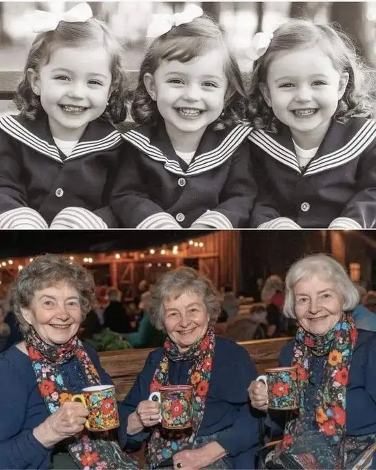 The image is split into two panels. The top panel shows three young girls in matching black-and-white sailor-style outfits…
