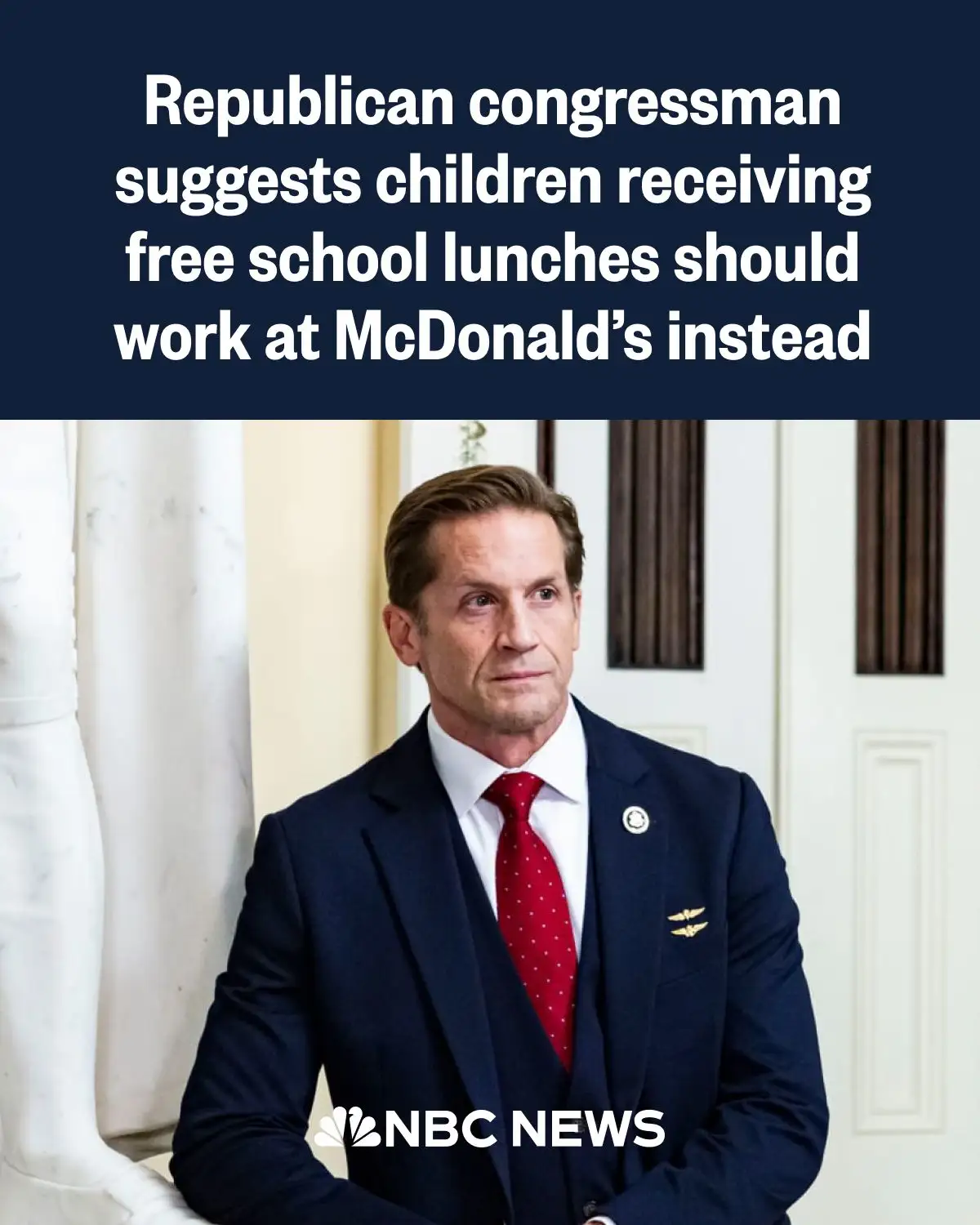 A man in a dark suit and red tie with a congressional pin looks off to the side with a skeptical expression. The image has a…