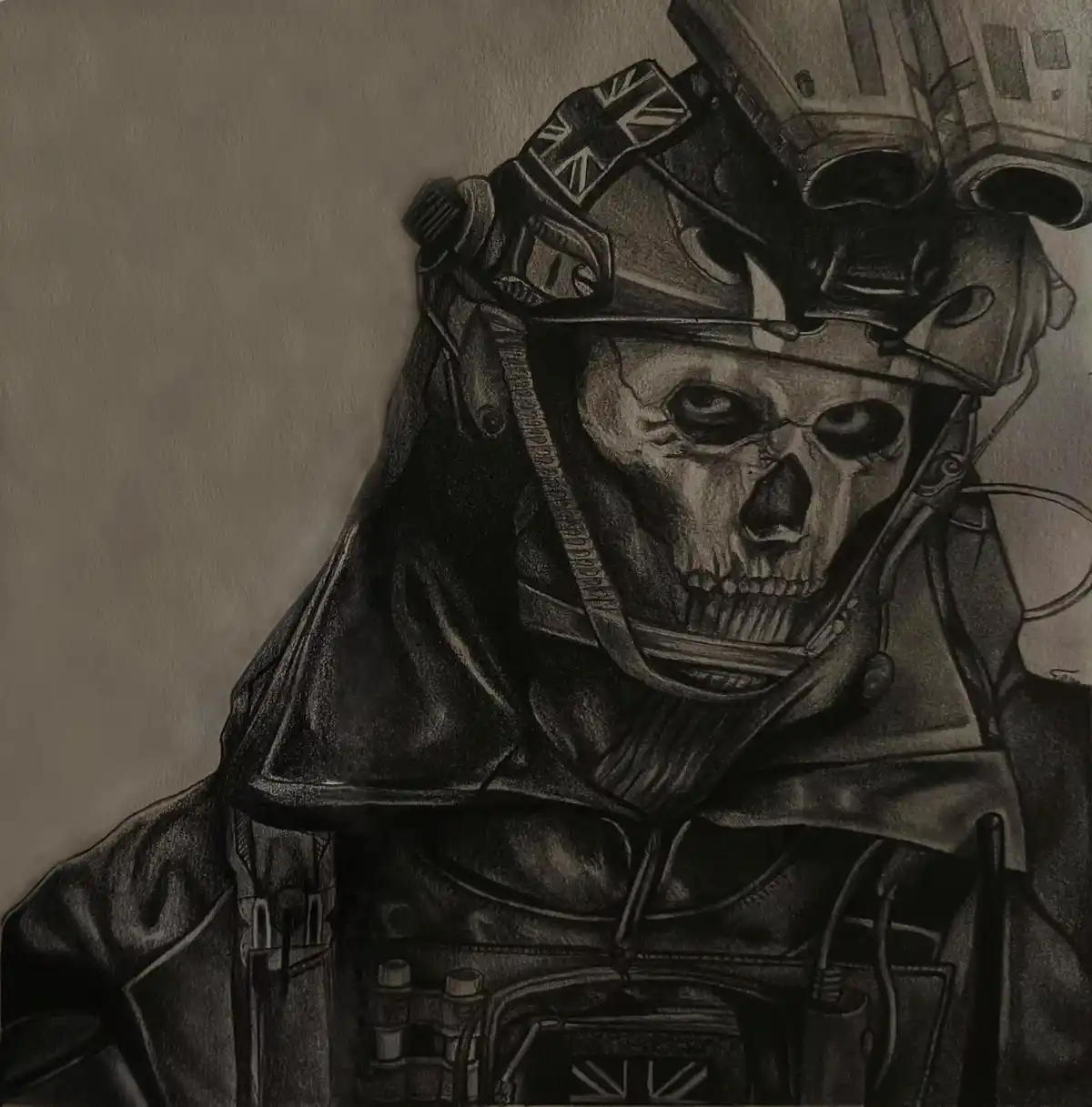 A detailed black-and-white pencil drawing depicts a skull wearing a military helmet with a British flag patch and tactical…