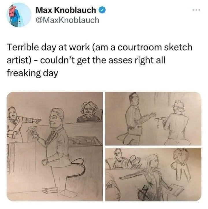 A tweet from Max Knoblauch shows three courtroom sketch drawings where the artist has comically drawn exaggerated or…