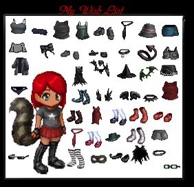 A pixel-art character with red hair and a squirrel tail stands in front of a large grid of various clothing items including…