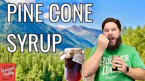 A man with a beard wearing a green t-shirt stands outdoors in front of mountains and pine trees, holding a jar of dark…