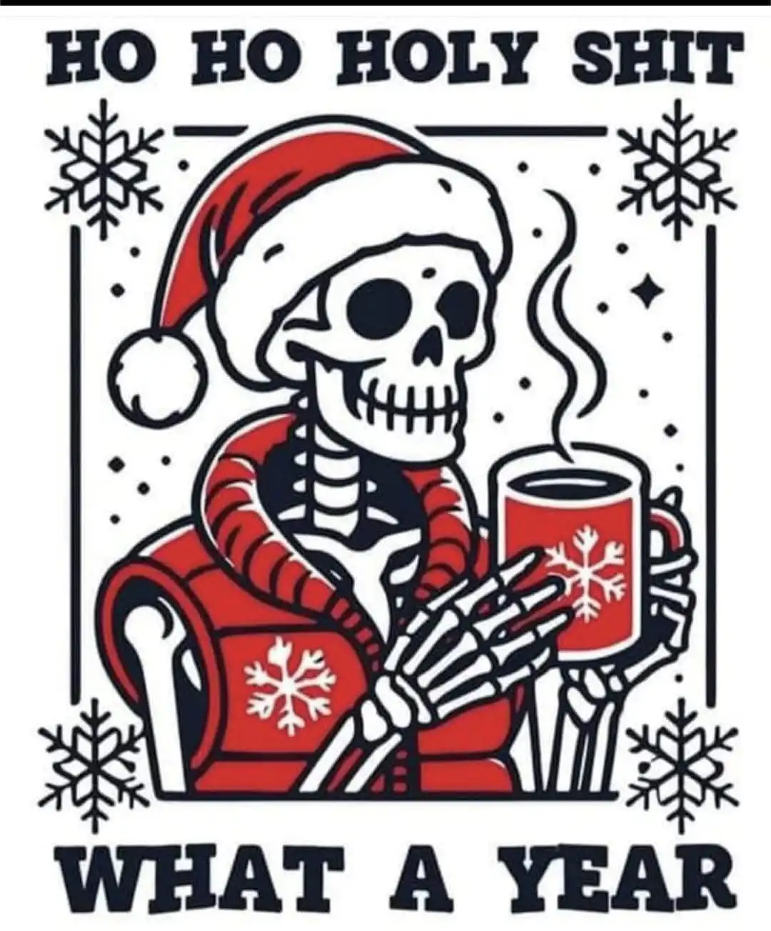 A cartoon skeleton wearing a red Santa hat and a red sweater with snowflake patterns sits in a red sleigh, holding a…