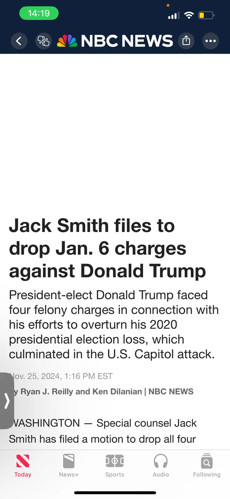 A screenshot of an NBC News mobile article headline stating 'Jack Smith files to drop Jan. 6 charges against Donald Trump,'…