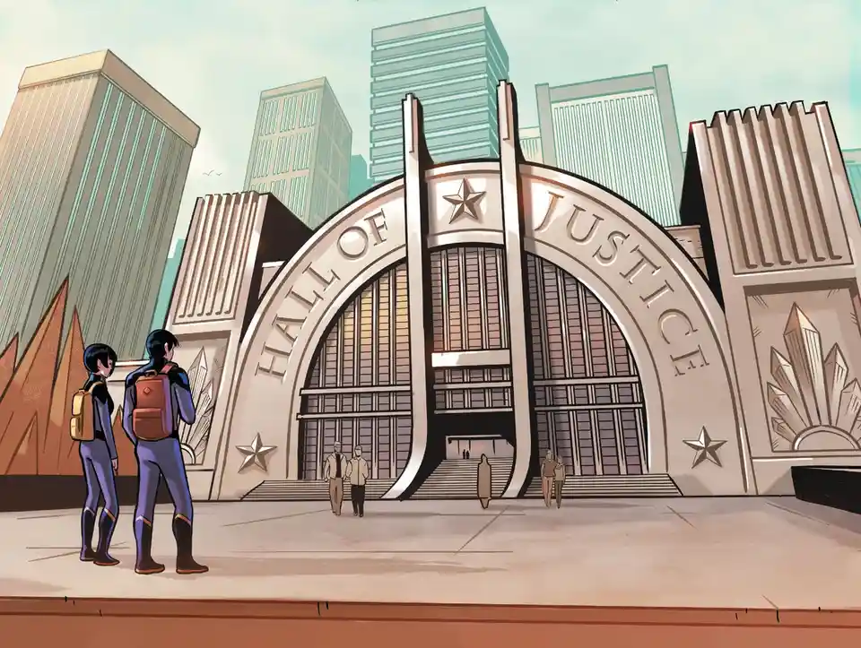 Two people in superhero costumes stand before a large, ornate building with 'HALL OF JUSTICE' carved into its archway…