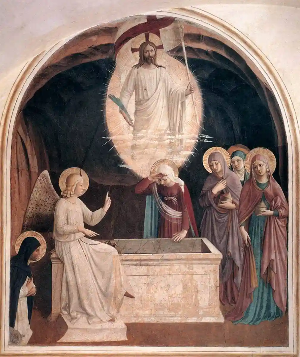 A classical religious painting depicts Jesus Christ rising from a tomb, surrounded by haloed figures including Mary…