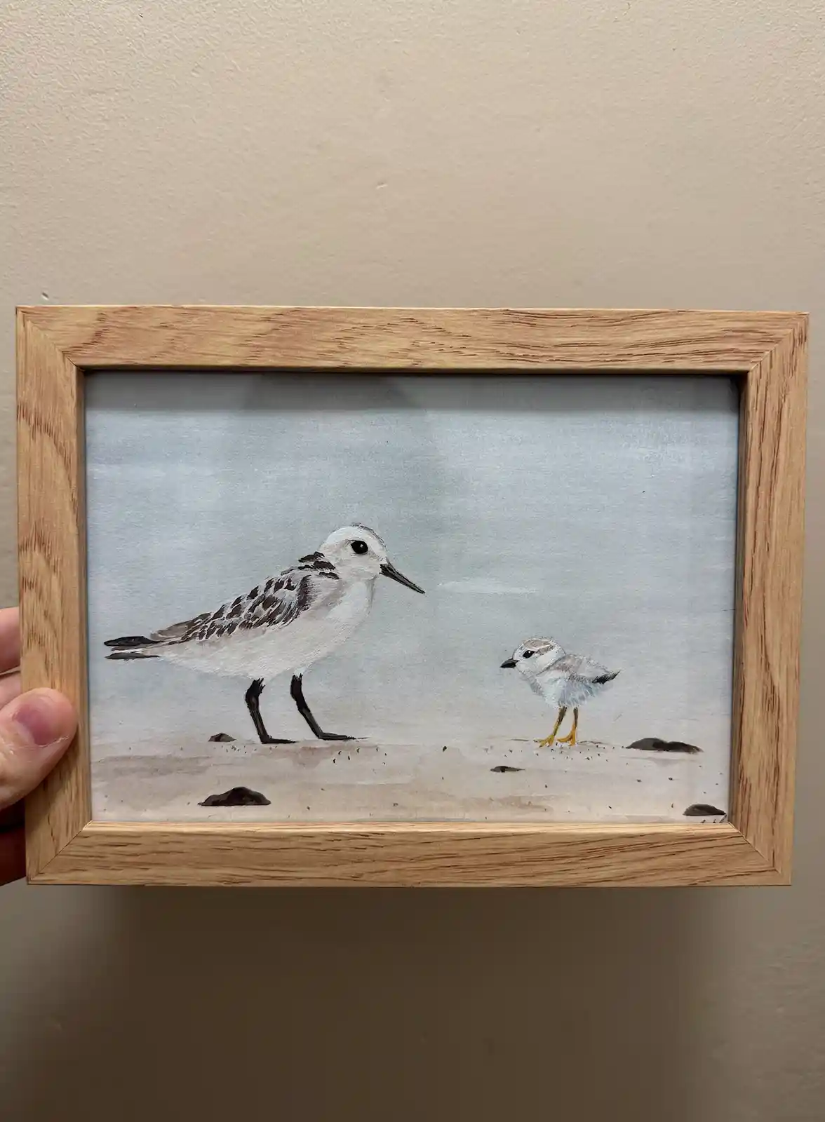 A hand holds a small framed watercolor painting depicting an adult shorebird and a tiny chick standing on a sandy beach with…
